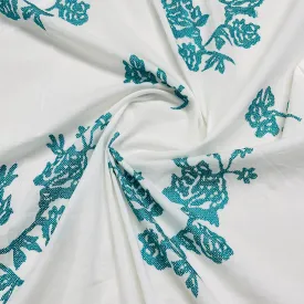 White Green Floral Thread Embroidery Cotton Fabric 14