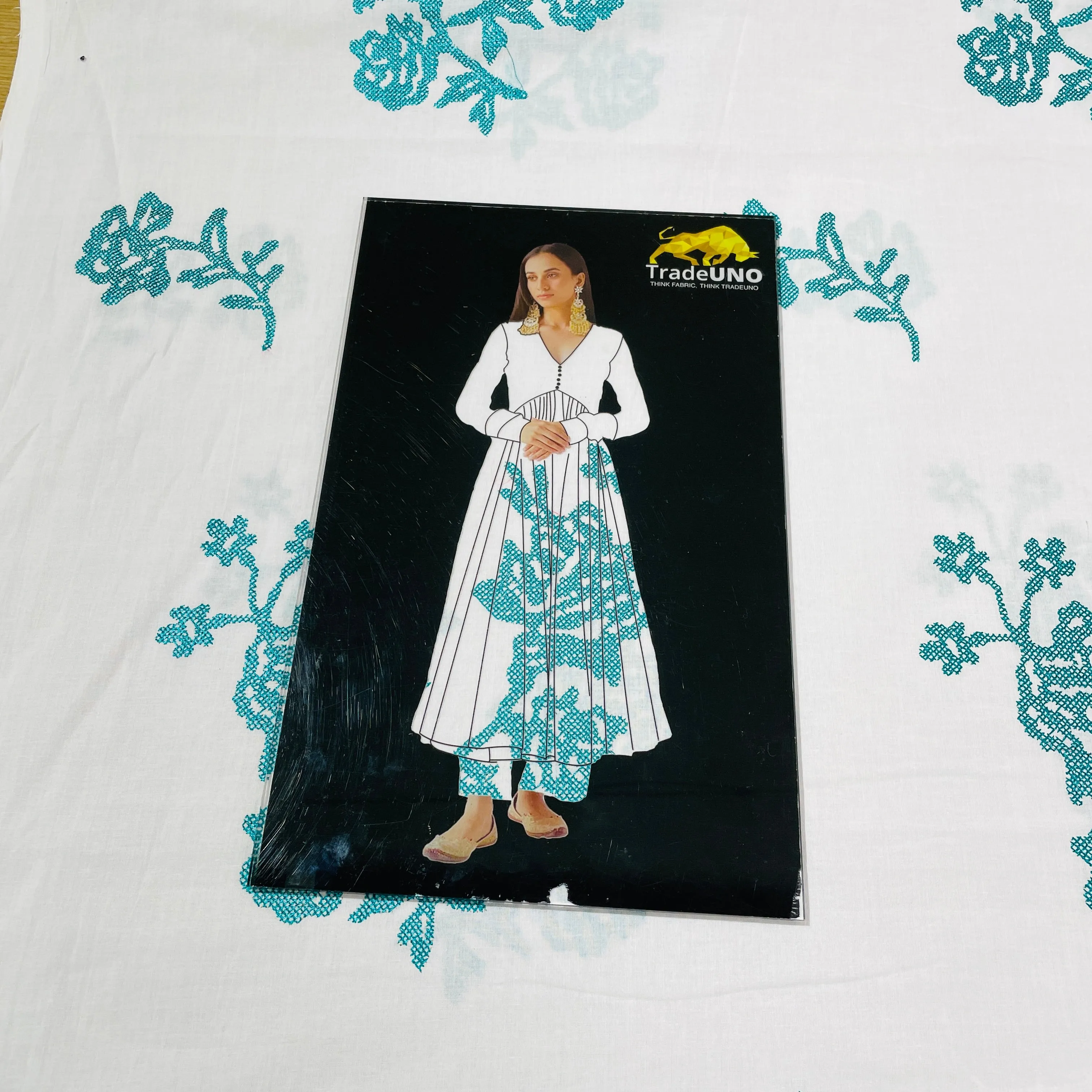 White Green Floral Thread Embroidery Cotton Fabric 14
