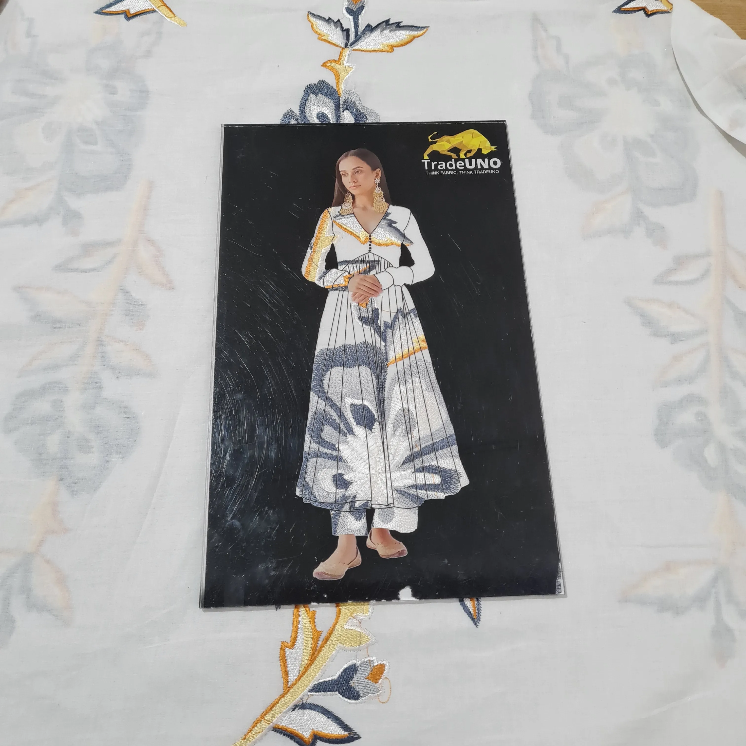 White Grey Floral Embroidery Cotton Fabric 21