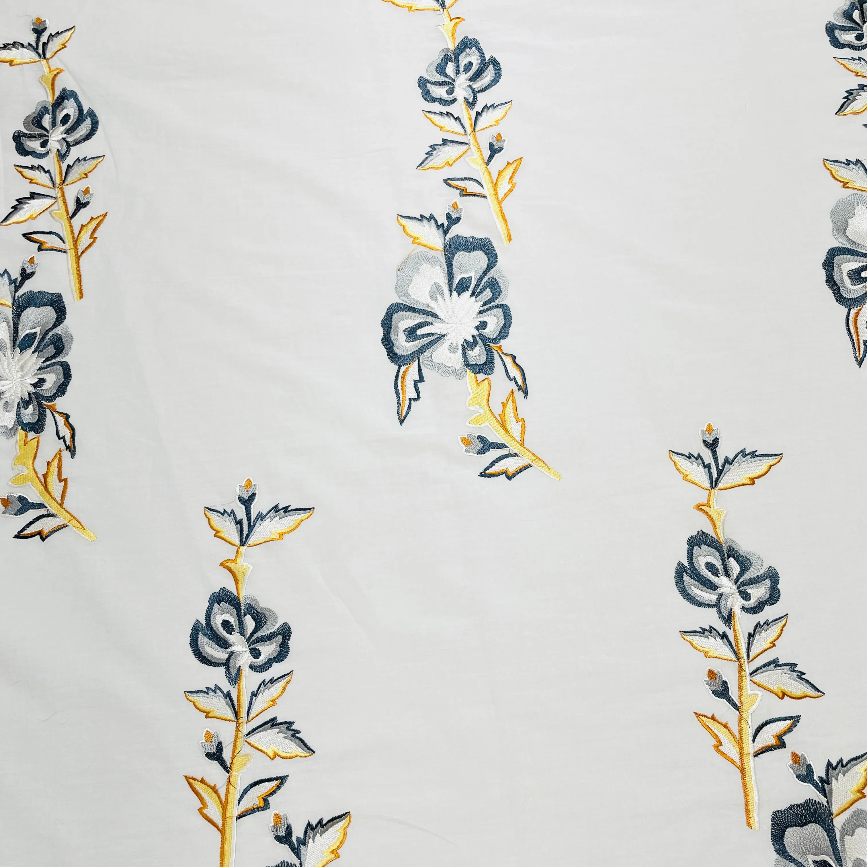 White Grey Floral Embroidery Cotton Fabric 21