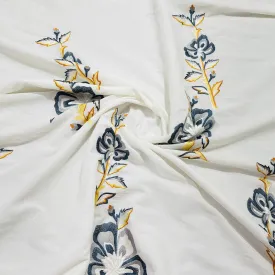 White Grey Floral Embroidery Cotton Fabric 21