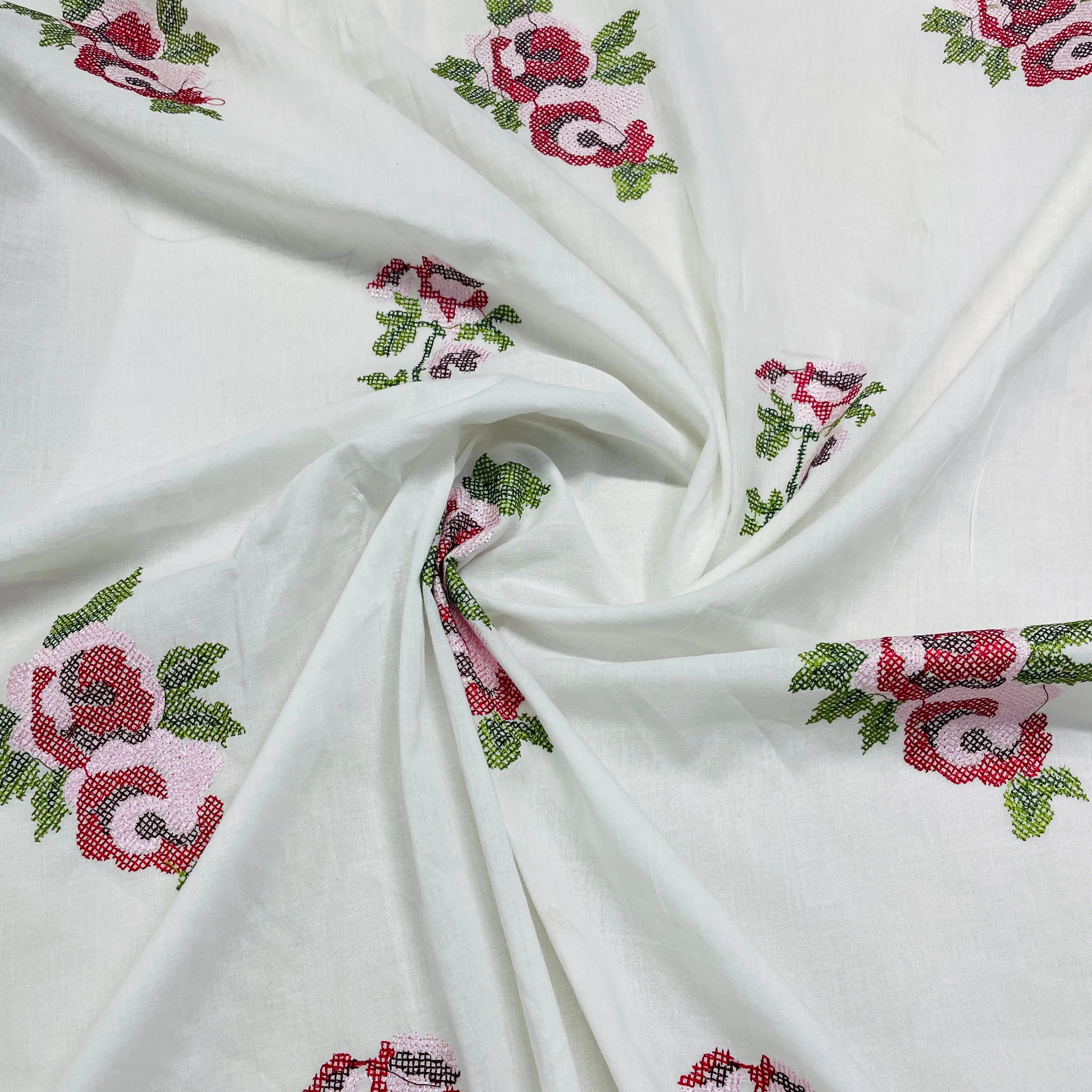 White Purple Floral Thread Embroidery Cotton Fabric 6