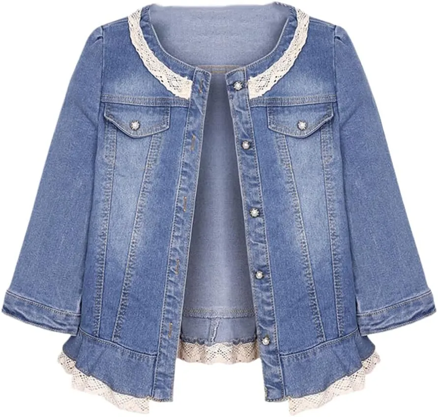 Women Lace Trim Round Collar Crop Denim Jackets Seven Sleeve Light Blue Short Jean Coat