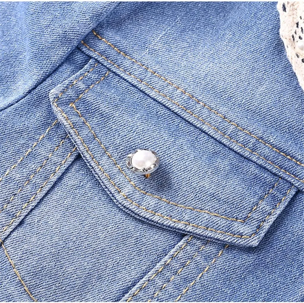 Women Lace Trim Round Collar Crop Denim Jackets Seven Sleeve Light Blue Short Jean Coat
