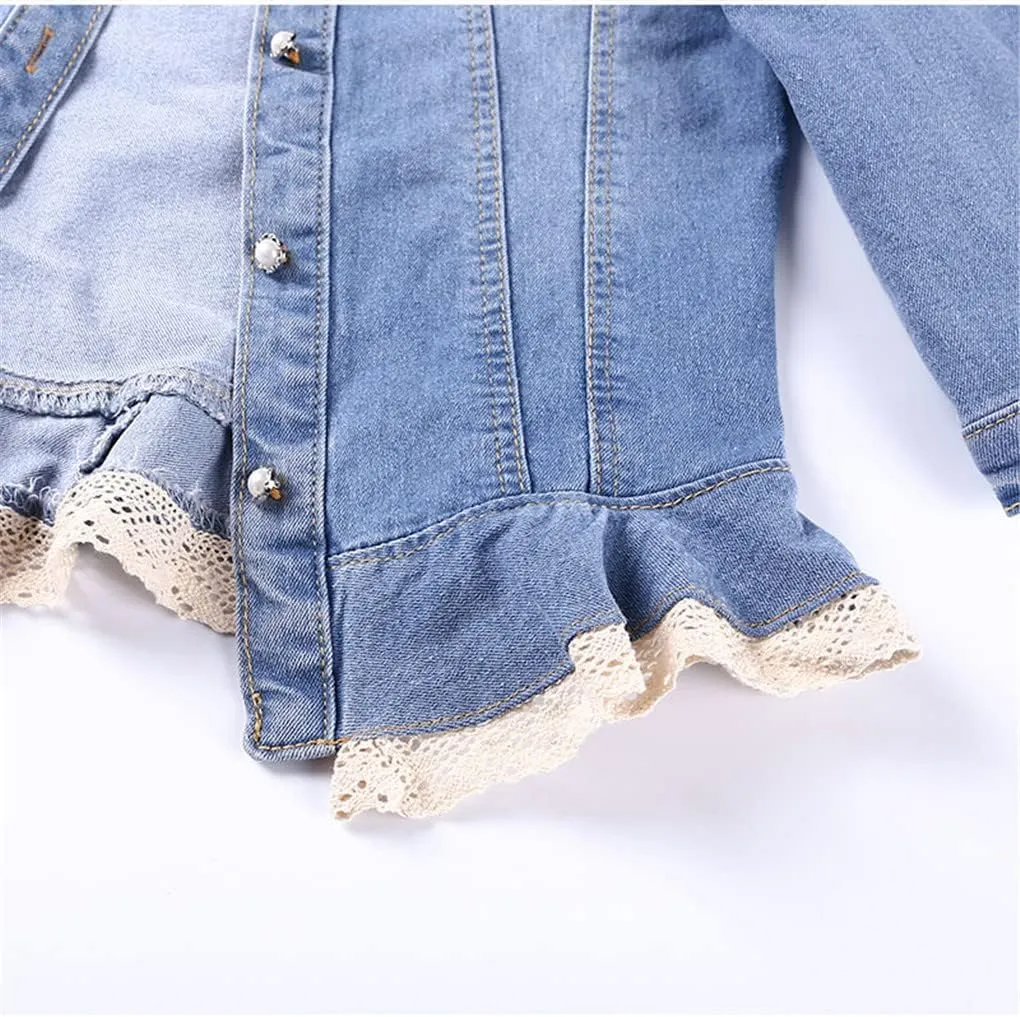 Women Lace Trim Round Collar Crop Denim Jackets Seven Sleeve Light Blue Short Jean Coat
