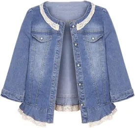 Women Lace Trim Round Collar Crop Denim Jackets Seven Sleeve Light Blue Short Jean Coat