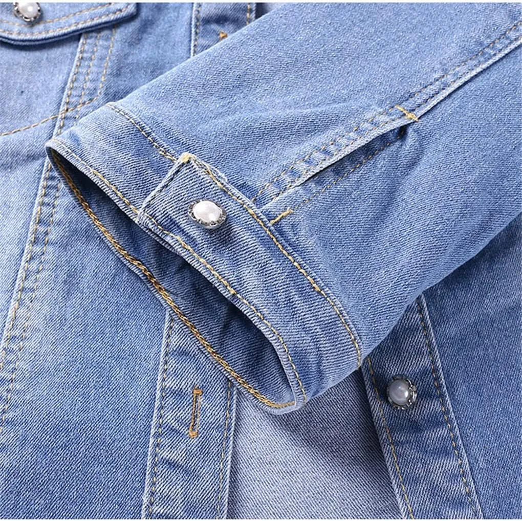 Women Lace Trim Round Collar Crop Denim Jackets Seven Sleeve Light Blue Short Jean Coat