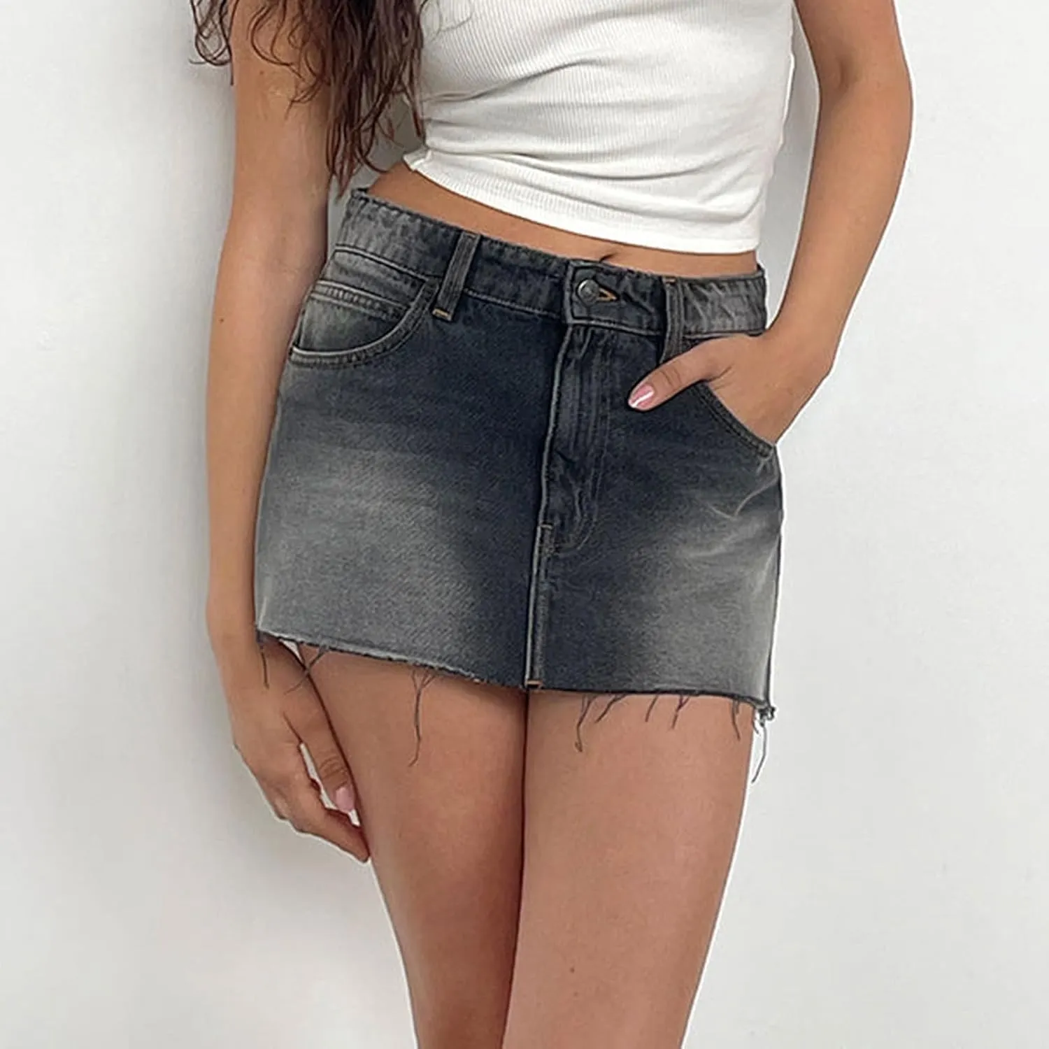 Women Y2k Denim Mini Skirt Sexy Bodycon Short Jean Skirt Low Rise Cargo Skirts with Pockets Vintage Streetwear