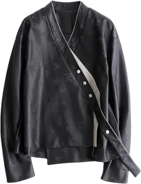 Women's Asymmetric V-Neck Leather Jacket Black Printed Pattern Racer Jacket Black M