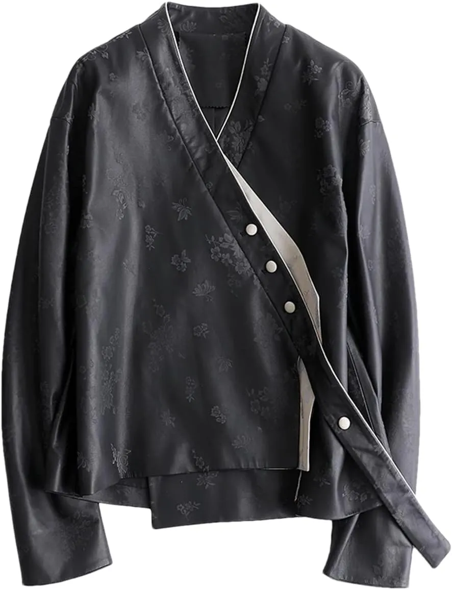 Women's Asymmetric V-Neck Leather Jacket Black Printed Pattern Racer Jacket Black M