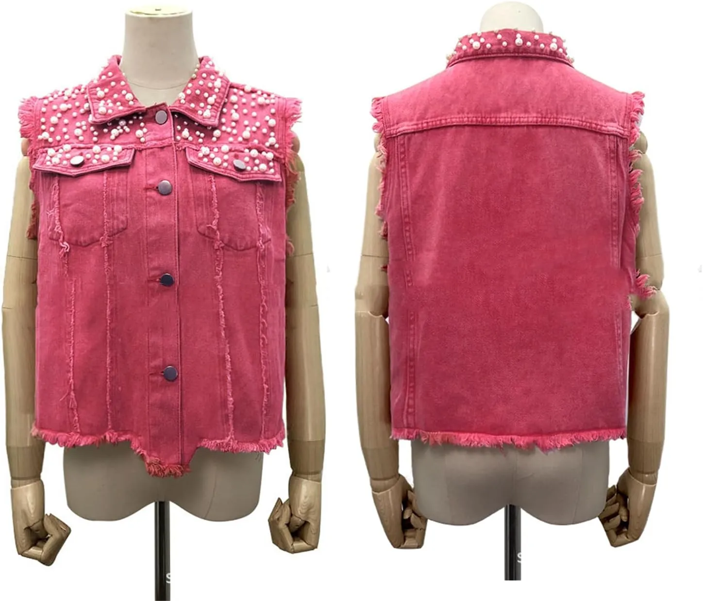 Women's Beading Pearls Denim Vest Sleeveless Frayed Jean Vest Frayed Hem Cropped Jean Jacket