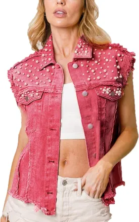 Women's Beading Pearls Denim Vest Sleeveless Frayed Jean Vest Frayed Hem Cropped Jean Jacket