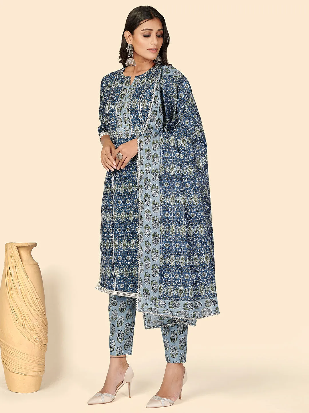 Women'S Blue Printed Kurta & Pant With Dupatta- (3Pcs Set)