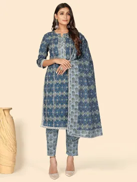Women'S Blue Printed Kurta & Pant With Dupatta- (3Pcs Set)