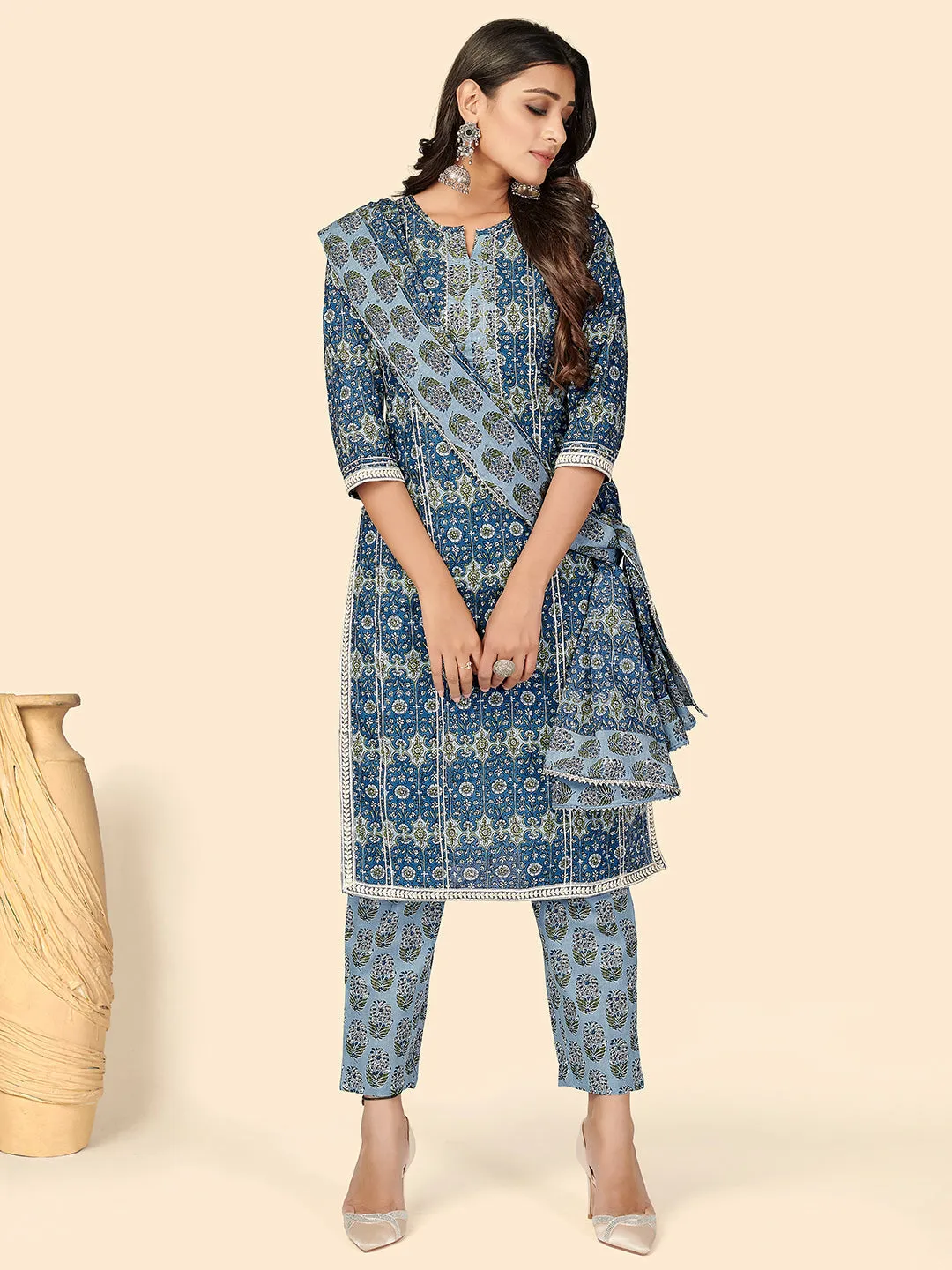 Women'S Blue Printed Kurta & Pant With Dupatta- (3Pcs Set)
