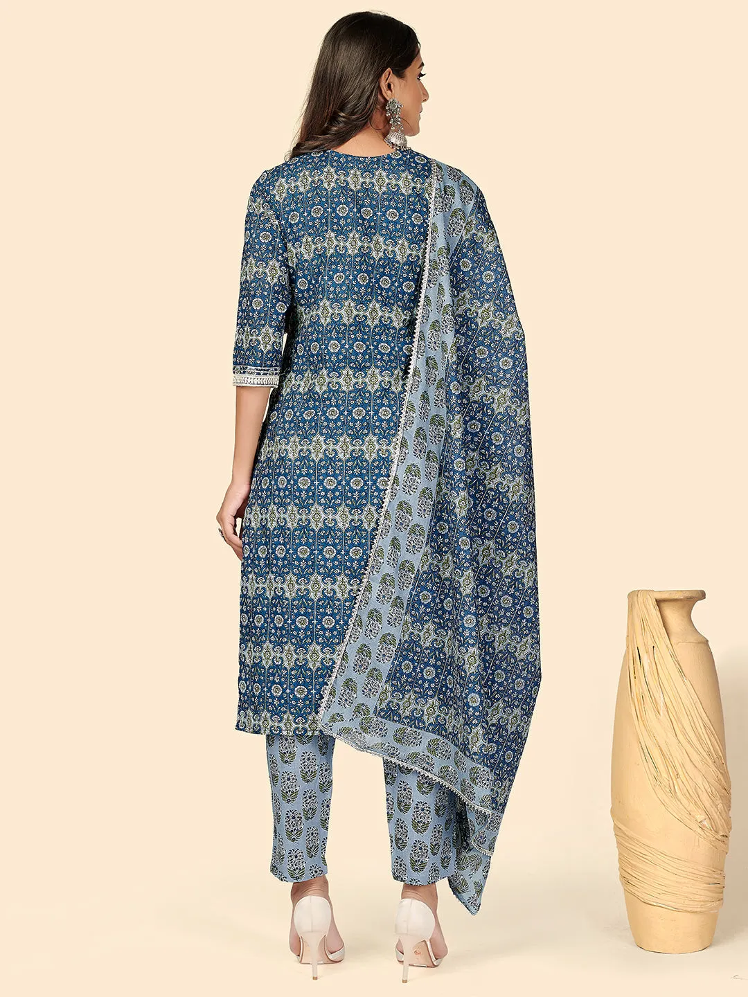 Women'S Blue Printed Kurta & Pant With Dupatta- (3Pcs Set)