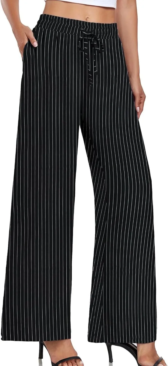 Women's Casual Pants Loose Fit Palazzo Pant Elastic Waist Drawstring Tie Knot Trousers with Pockets
