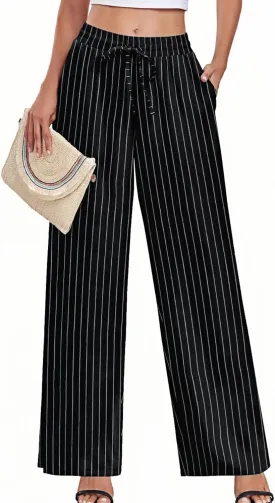 Women's Casual Pants Loose Fit Palazzo Pant Elastic Waist Drawstring Tie Knot Trousers with Pockets