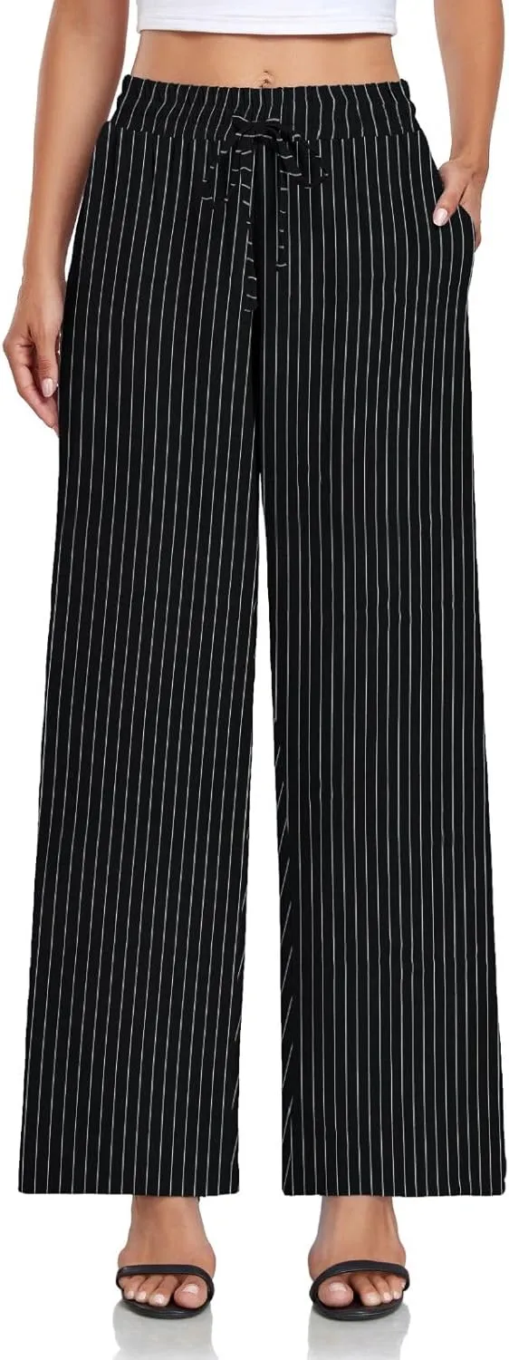 Women's Casual Pants Loose Fit Palazzo Pant Elastic Waist Drawstring Tie Knot Trousers with Pockets