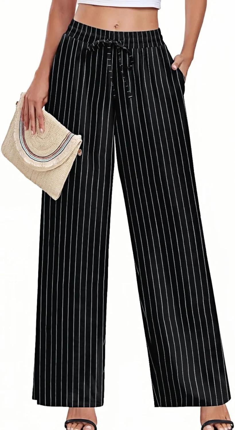 Women's Casual Pants Loose Fit Palazzo Pant Elastic Waist Drawstring Tie Knot Trousers with Pockets