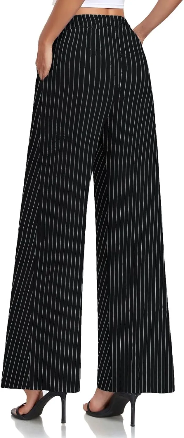 Women's Casual Pants Loose Fit Palazzo Pant Elastic Waist Drawstring Tie Knot Trousers with Pockets