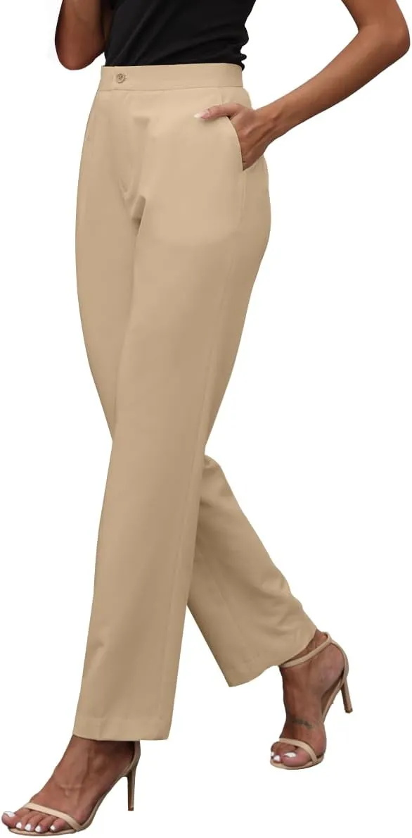 Womens Dress Pants High Stretch Straight Leg Black Pants for Work Business Casual with Pockets