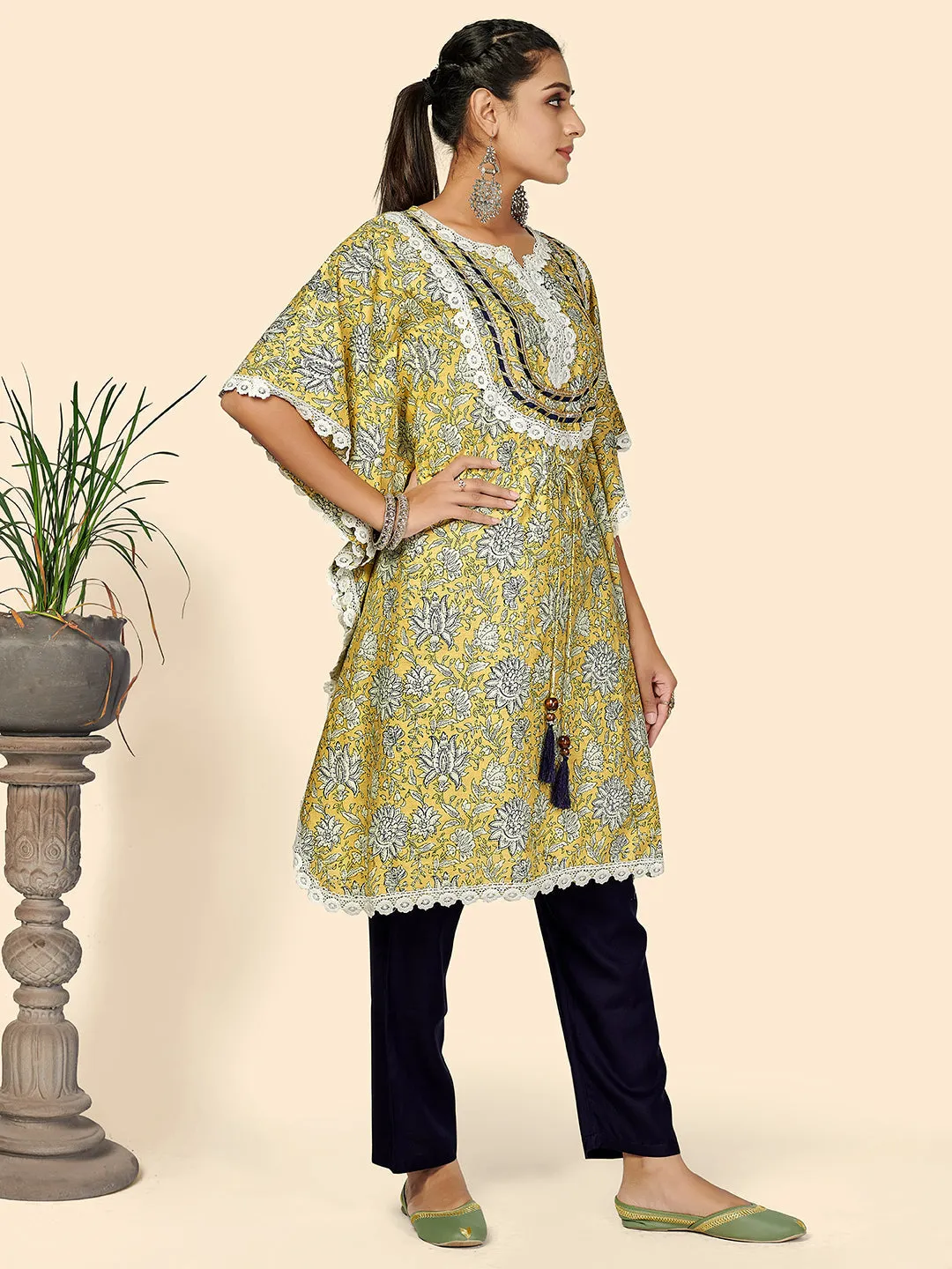 Women'S Yellow Kaftan Kurta With Pant Set -(2Pcs Set)