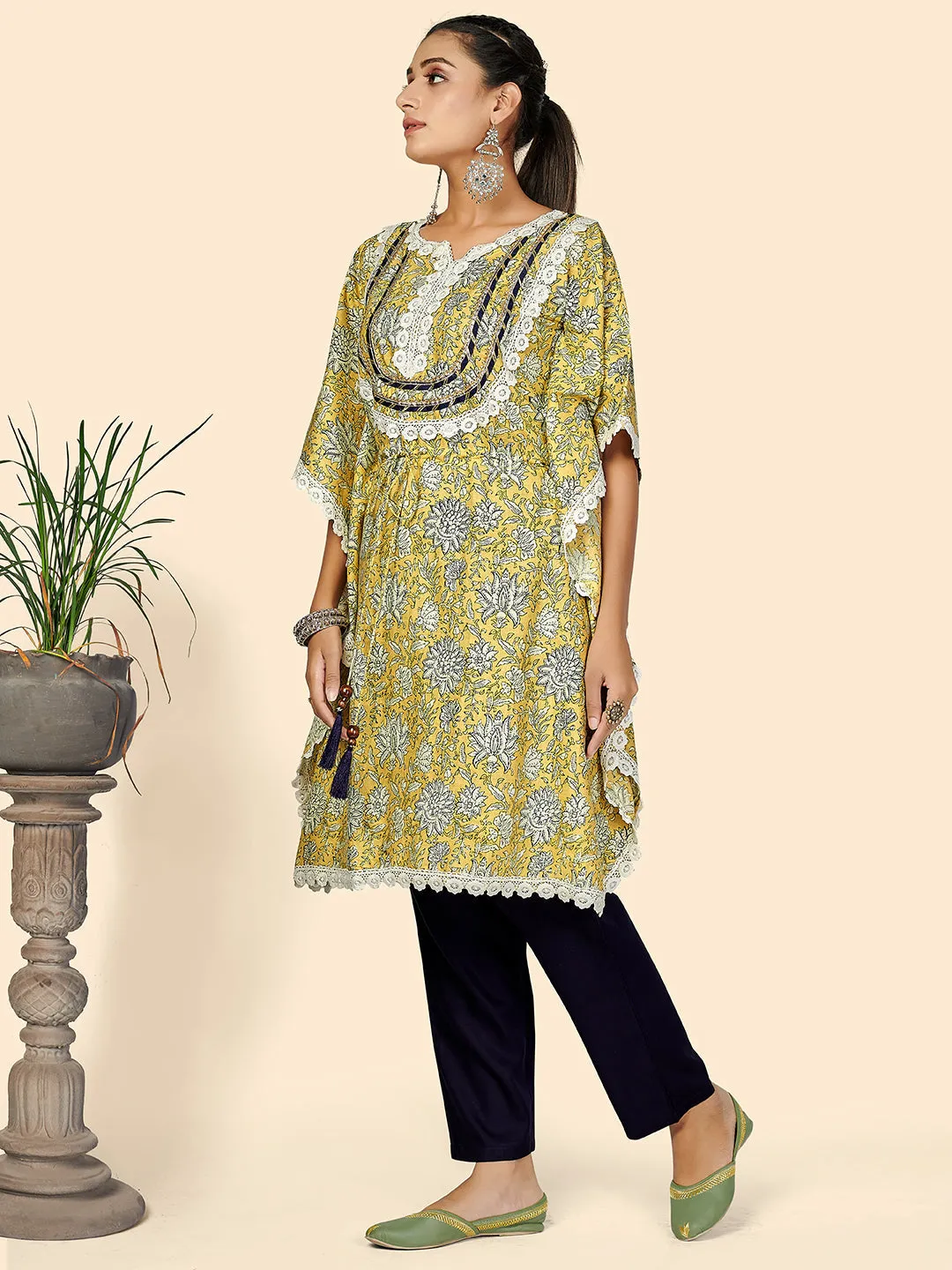 Women'S Yellow Kaftan Kurta With Pant Set -(2Pcs Set)