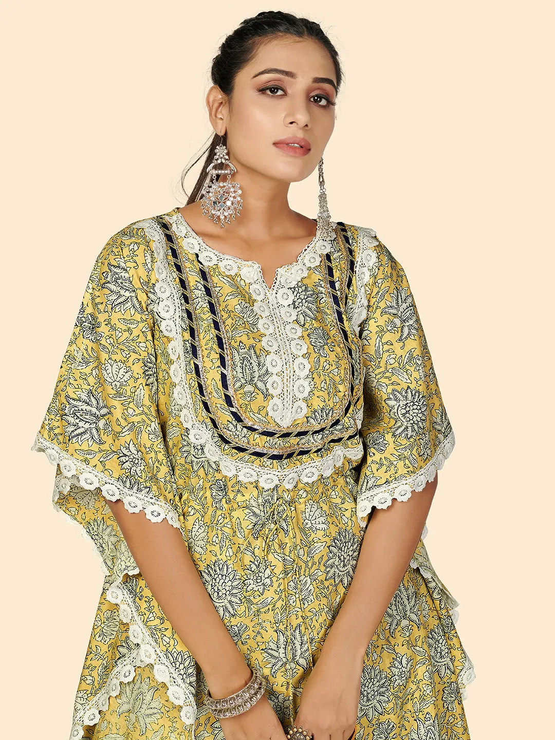 Women'S Yellow Kaftan Kurta With Pant Set -(2Pcs Set)