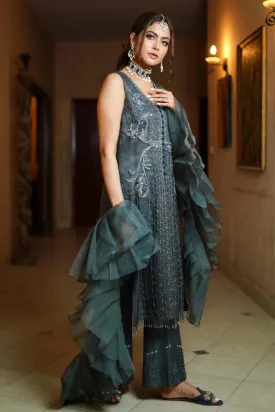 Yasmin Zaman - Grey organza shirt with silk pants - F - 214 - 3 Piece